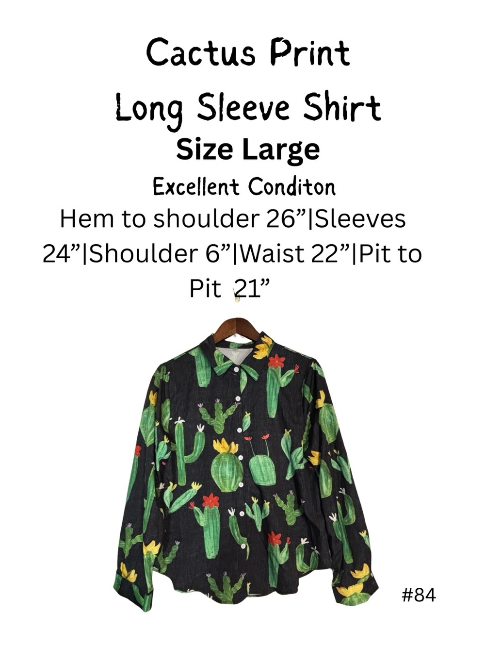 Cactus Print Button Front Shirt Large Western Southwest Desert Blouse